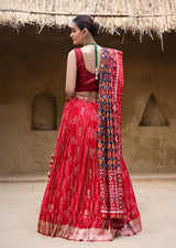 Exclusive Red Banarasi Silk Bandhani Lehenga with Double Ikat Dupatta