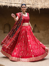 Exclusive Red Banarasi Silk Bandhani Lehenga with Double Ikat Dupatta