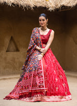 Exclusive Red Banarasi Silk Bandhani Lehenga with Double Ikat Dupatta