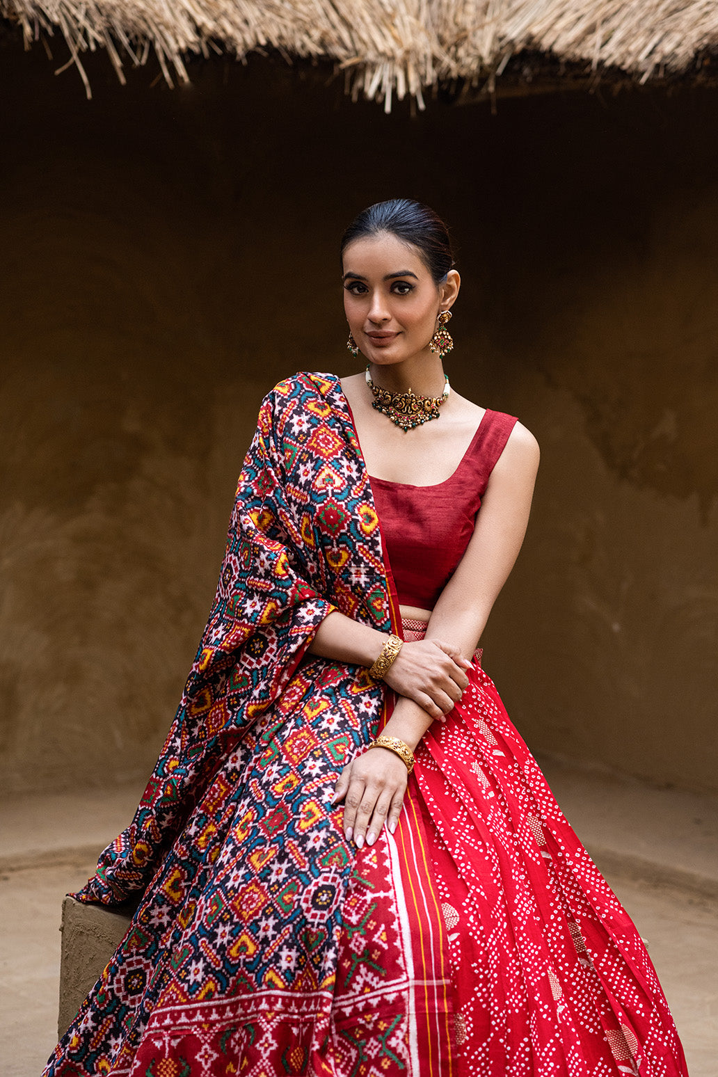 Exclusive Red Banarasi Silk Bandhani Lehenga with Double Ikat Dupatta