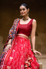 Exclusive Red Banarasi Silk Bandhani Lehenga with Double Ikat Dupatta