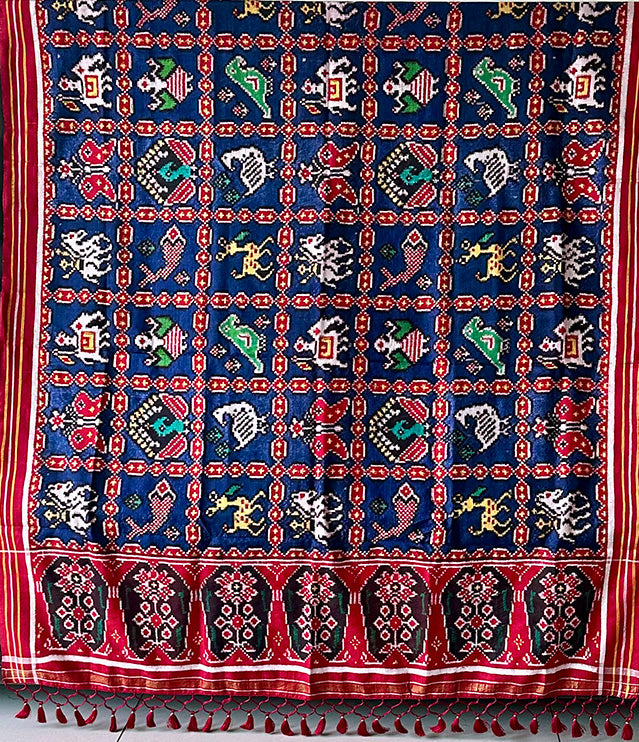 Nine Figure Red and Blue Pure Silk Double Ikat/Patan Patola Dupatta