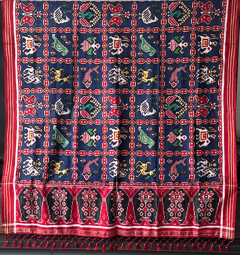 Nine Figure Red and Blue Pure Silk Double Ikat/Patan Patola Dupatta