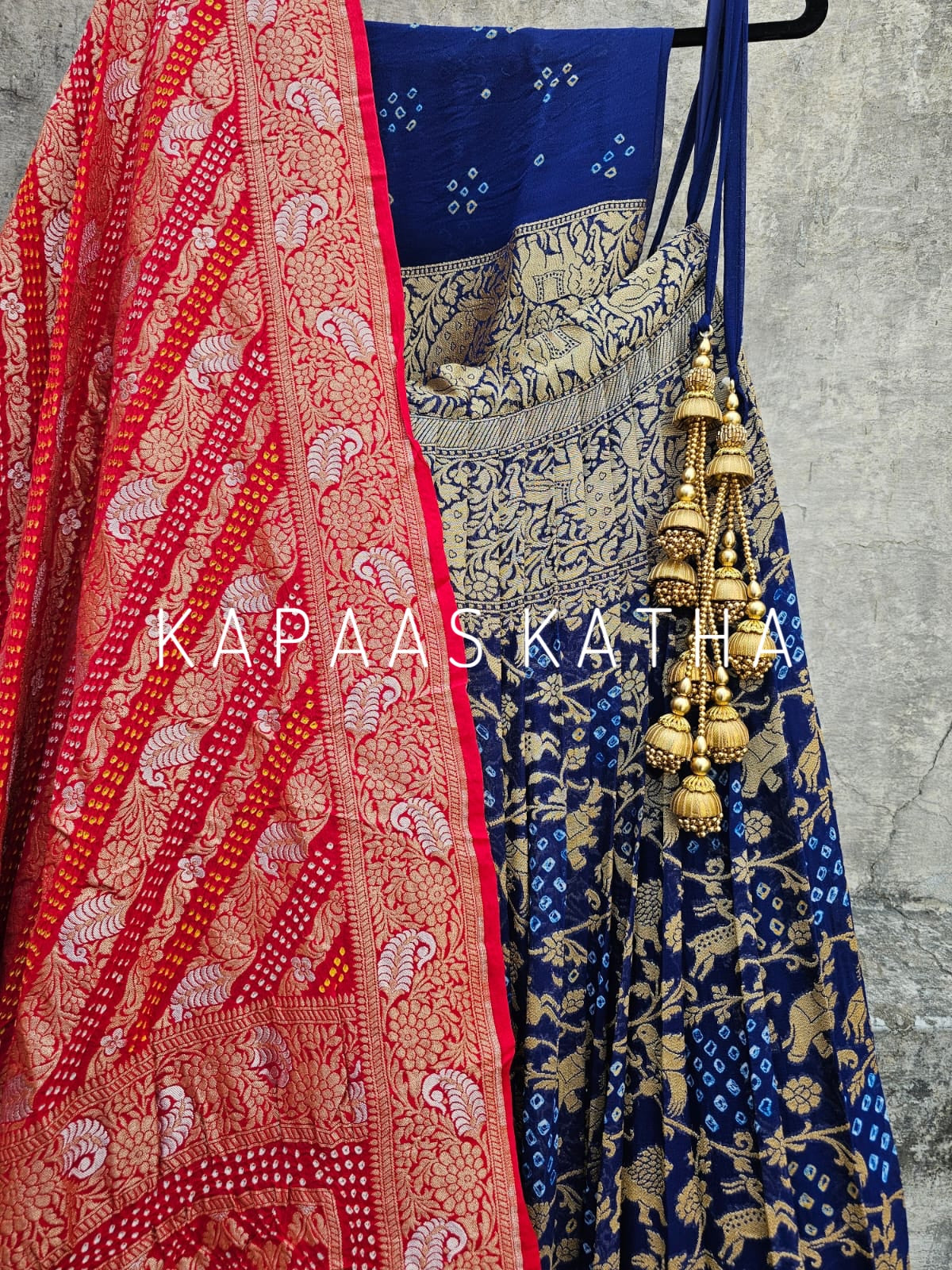 red-blue-pure-banarsi-georgette-bandhani-lehenga