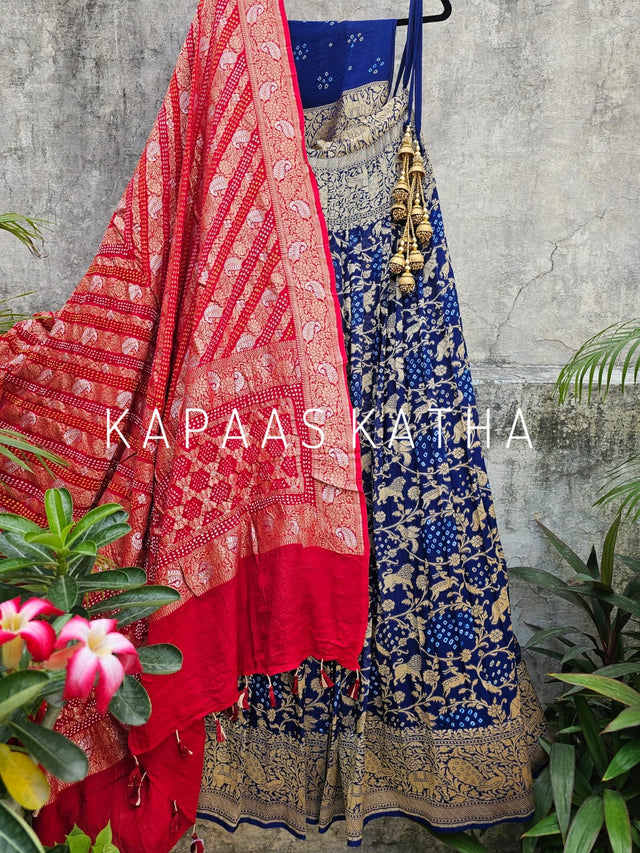 red-blue-pure-banarsi-georgette-bandhani-lehenga