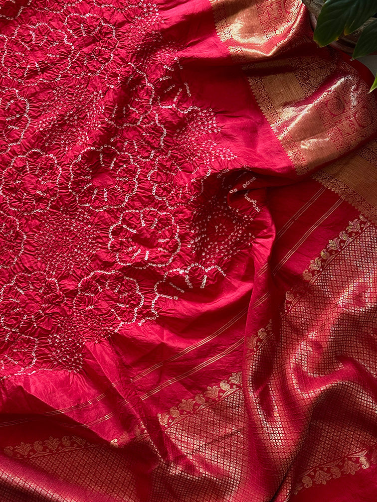 Red Kanjivaram Silk Floral Bandhani Dupatta