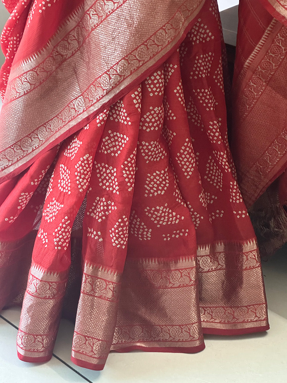 Red Handloom Mangalagiri Cotton Silk Bandhani Saree