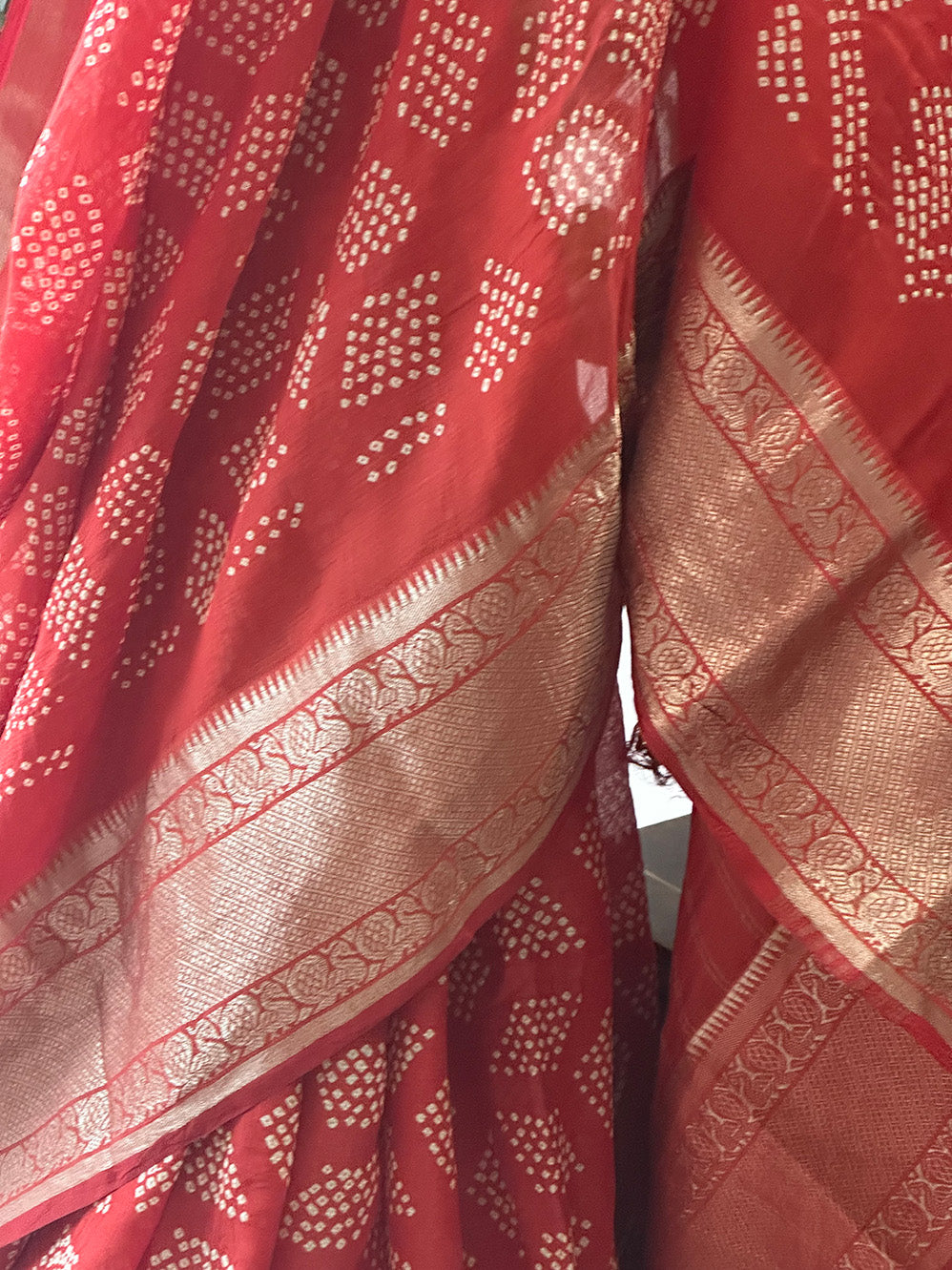 Red Handloom Mangalagiri Cotton Silk Bandhani Saree