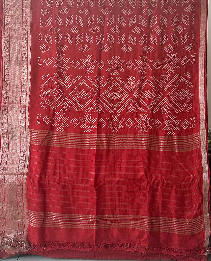 Red Handloom Mangalagiri Cotton Silk Bandhani Saree