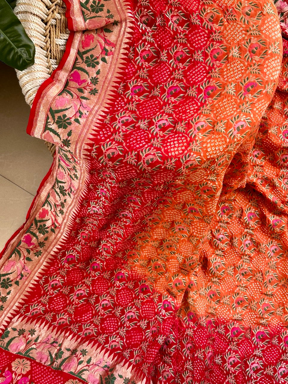 Very Exclusive Red and Orange Pure Banarsi Georgette Meenakari Bandhani Dupatta