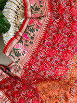 Very Exclusive Red and Orange Pure Banarsi Georgette Meenakari Bandhani Dupatta