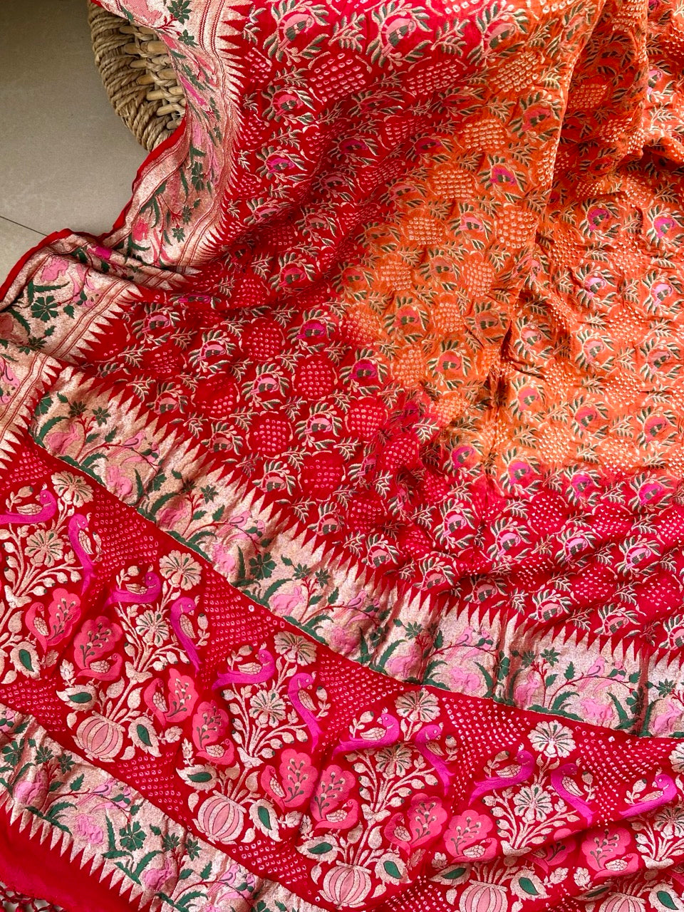 Very Exclusive Red and Orange Pure Banarsi Georgette Meenakari Bandhani Dupatta