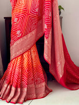 Red and Orange Exclusive Handloom Pure Banarsi Georgette Rai Bandhani Saree