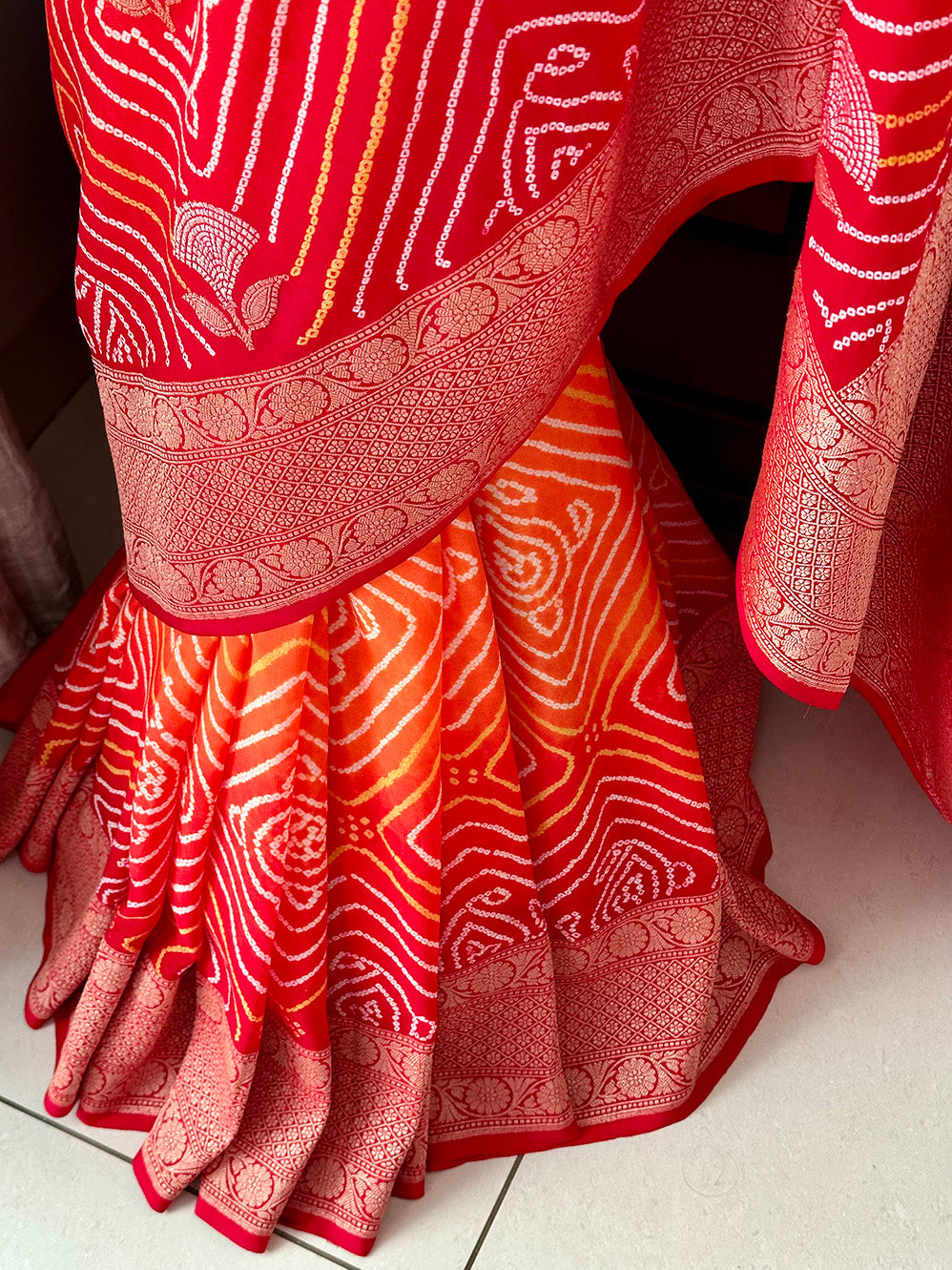 Red and Orange Exclusive Handloom Pure Banarsi Georgette Rai Bandhani Saree