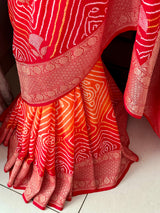 Red and Orange Exclusive Handloom Pure Banarsi Georgette Rai Bandhani Saree