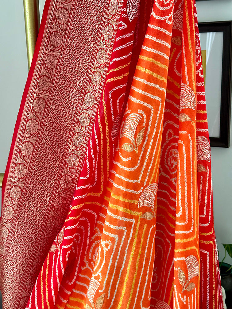 Red and Orange Exclusive Handloom Pure Banarsi Georgette Rai Bandhani Saree