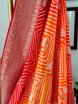 Red and Orange Exclusive Handloom Pure Banarsi Georgette Rai Bandhani Saree