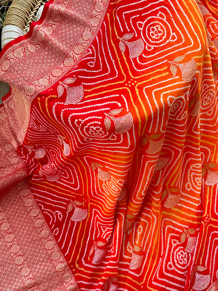 Red and Orange Exclusive Handloom Pure Banarsi Georgette Rai Bandhani Saree