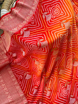 Red and Orange Exclusive Handloom Pure Banarsi Georgette Rai Bandhani Saree