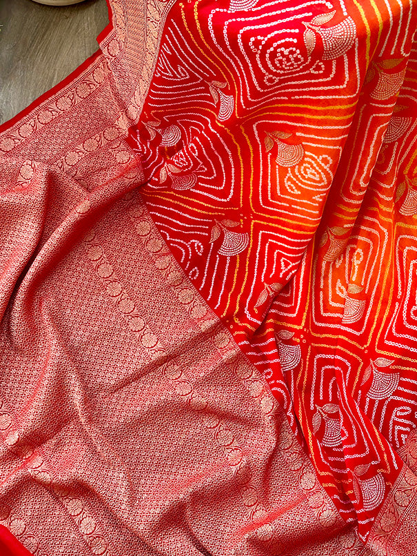 Red and Orange Exclusive Handloom Pure Banarsi Georgette Rai Bandhani Saree