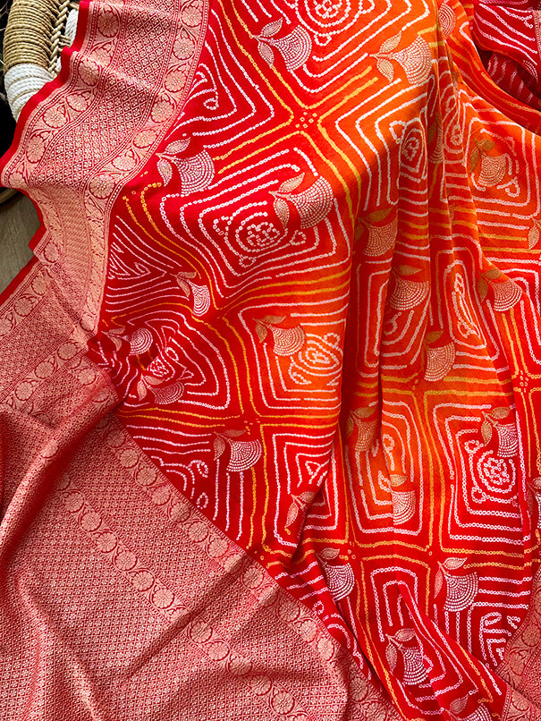 Red and Orange Exclusive Handloom Pure Banarsi Georgette Rai Bandhani Saree