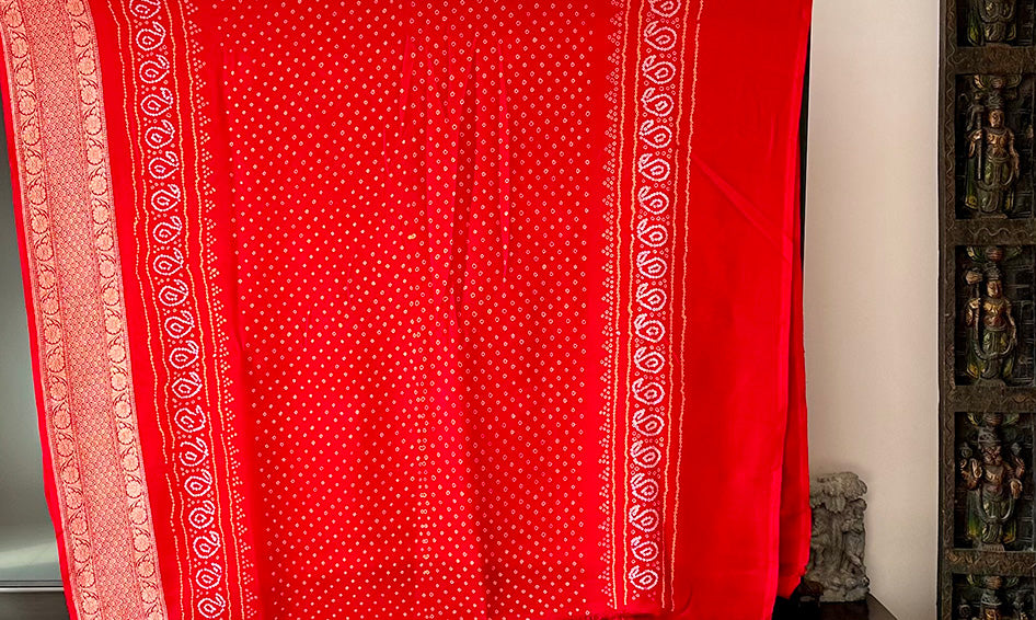 Red and Orange Exclusive Handloom Pure Banarsi Georgette Rai Bandhani Saree