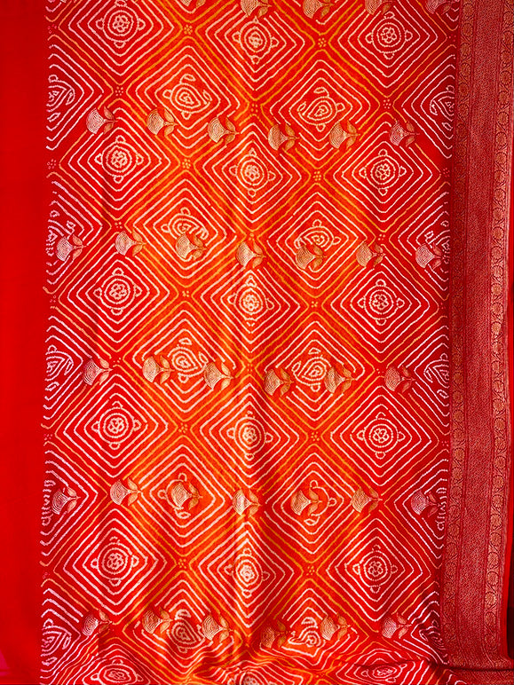 Red and Orange Exclusive Handloom Pure Banarsi Georgette Rai Bandhani Saree