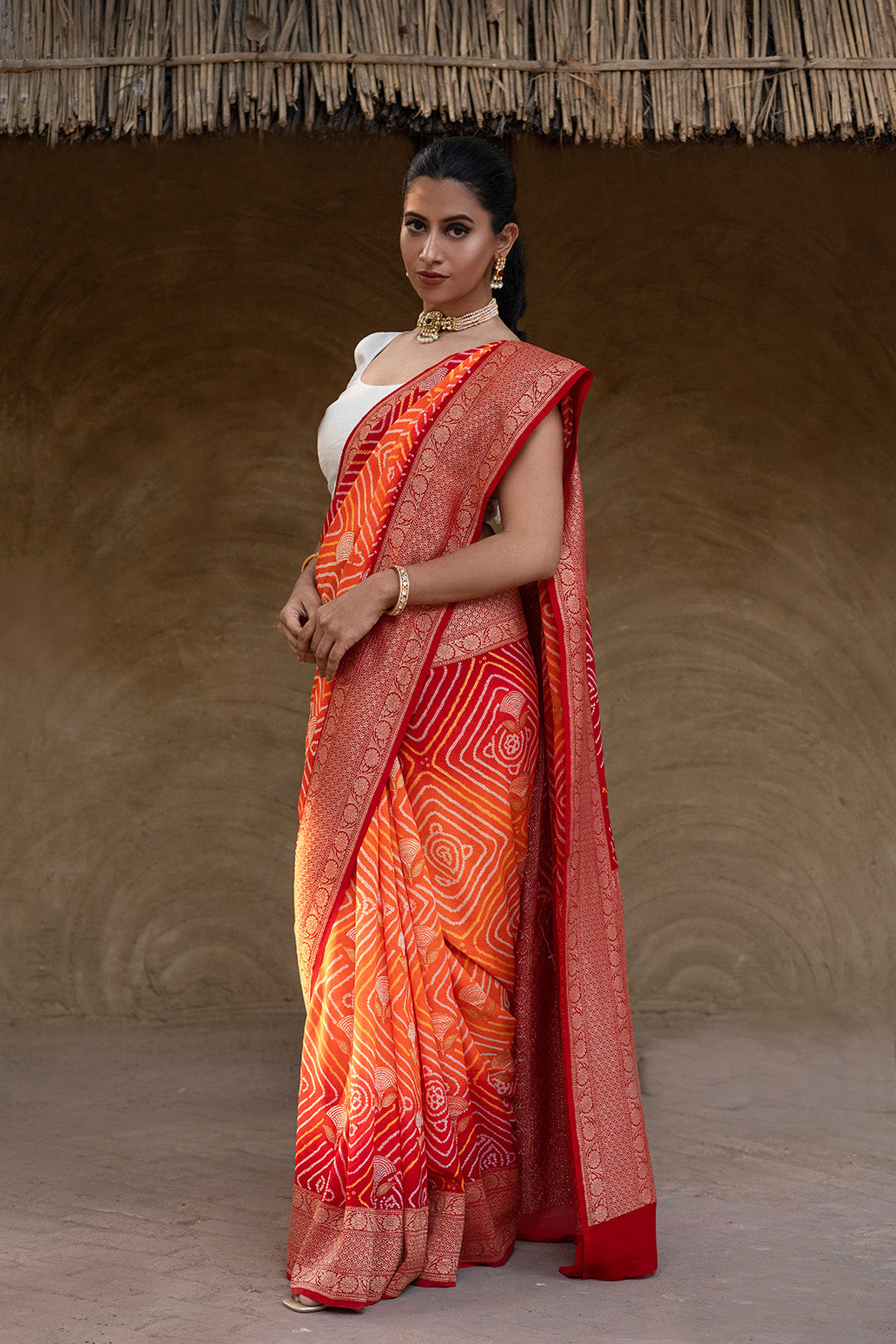 Red and Orange Exclusive Handloom Pure Banarsi Georgette Rai Bandhani Saree