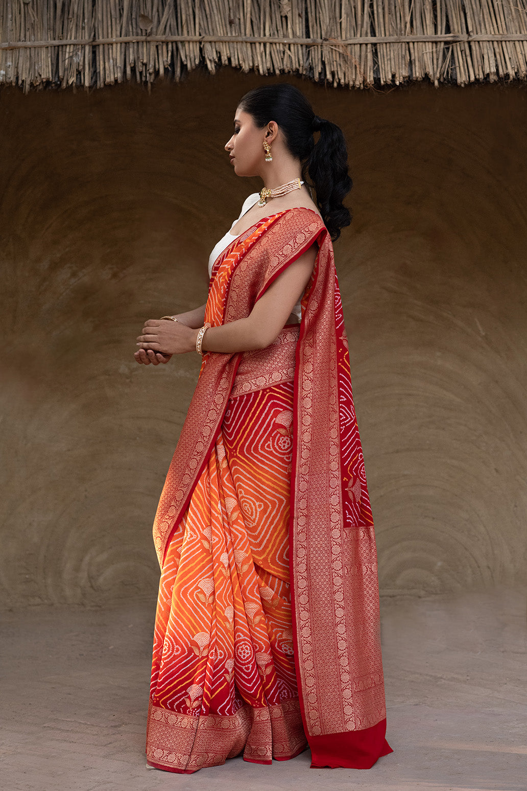 Red and Orange Exclusive Handloom Pure Banarsi Georgette Rai Bandhani Saree