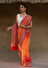 Red and Orange Exclusive Handloom Pure Banarsi Georgette Rai Bandhani Saree