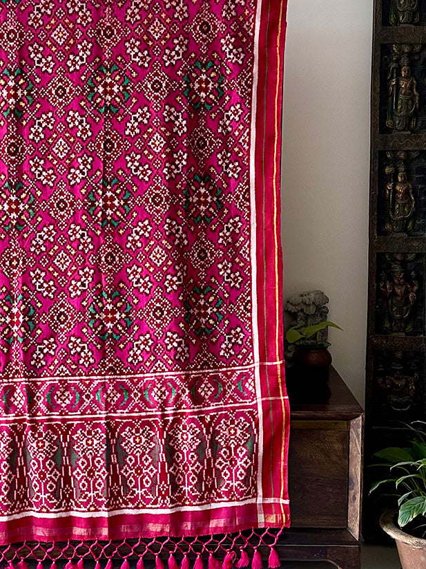 Red and Pink Navratna Pure Silk Double Ikat/Patan Patola Dupatta