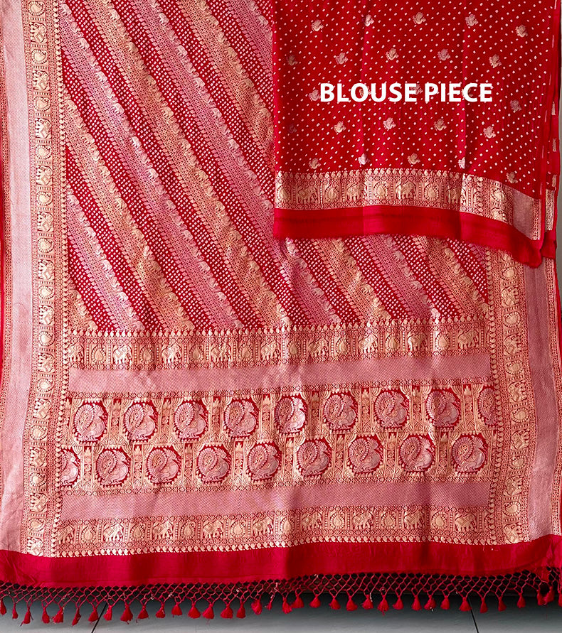 Handloom Pure Banarasi Soft Silk Sona Roopa Bandhani Saree in Red Colour