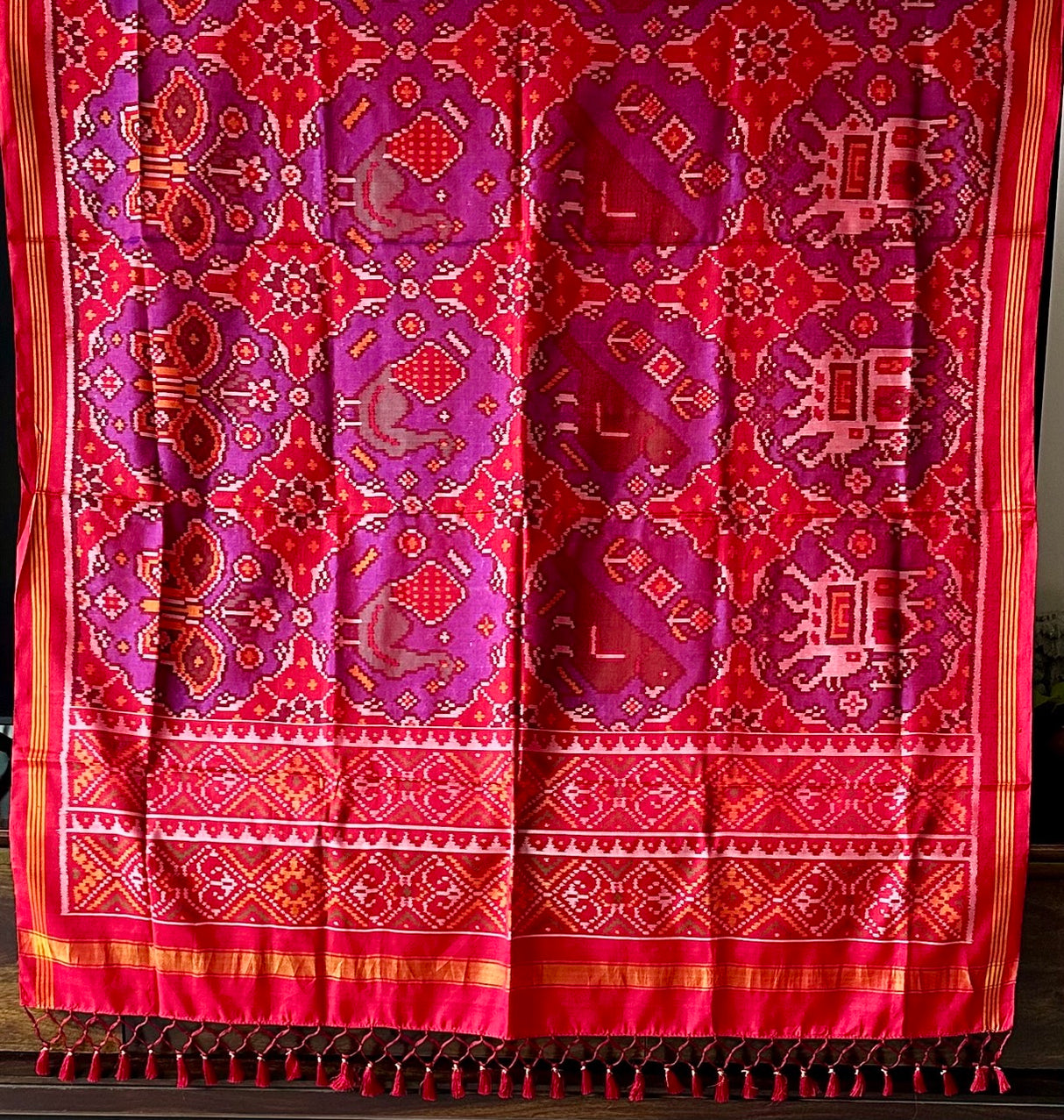 Handloom Purple and Red Mulberry Silk Ikat Patola Dupatta with Birds and Animals