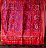 Handloom Purple and Red Mulberry Silk Ikat Patola Dupatta with Birds and Animals