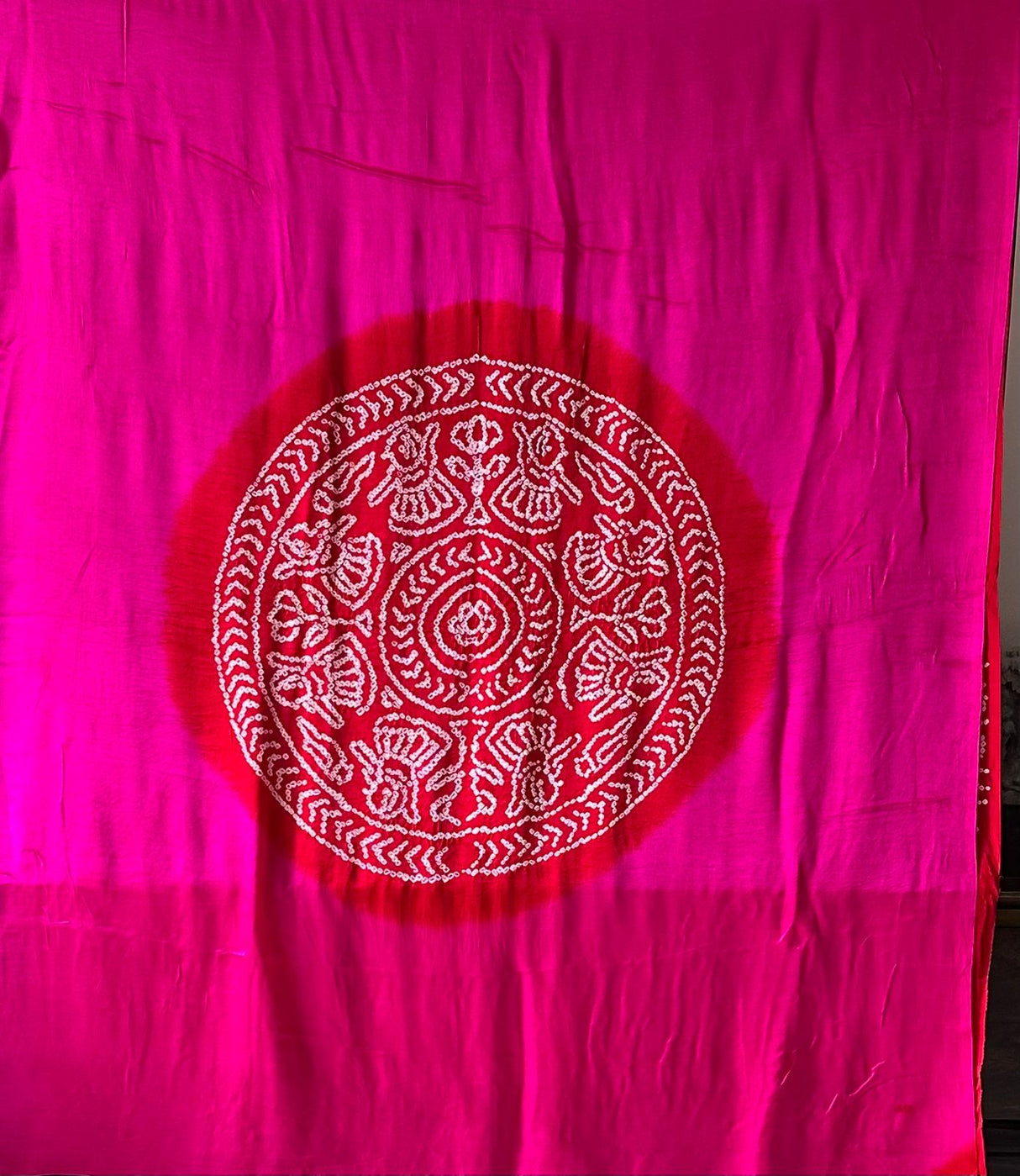 Rani Pink and Red Circle Theme Pure Gajji Silk Bandhani Saree