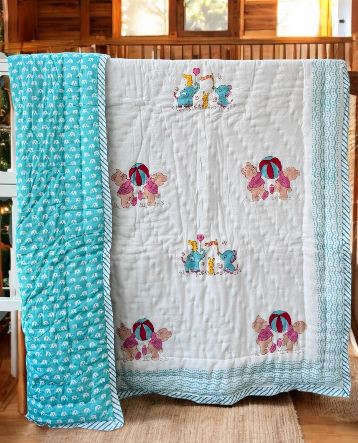 artisan made eco friendly kids quilt in soft cotton with teddy and elephant print perfect for gifting in bulk across UK and UAE