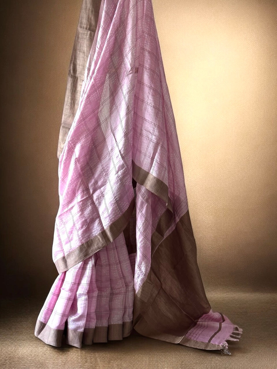 Rosewood Checks Chanderi Silk Bandhani Saree