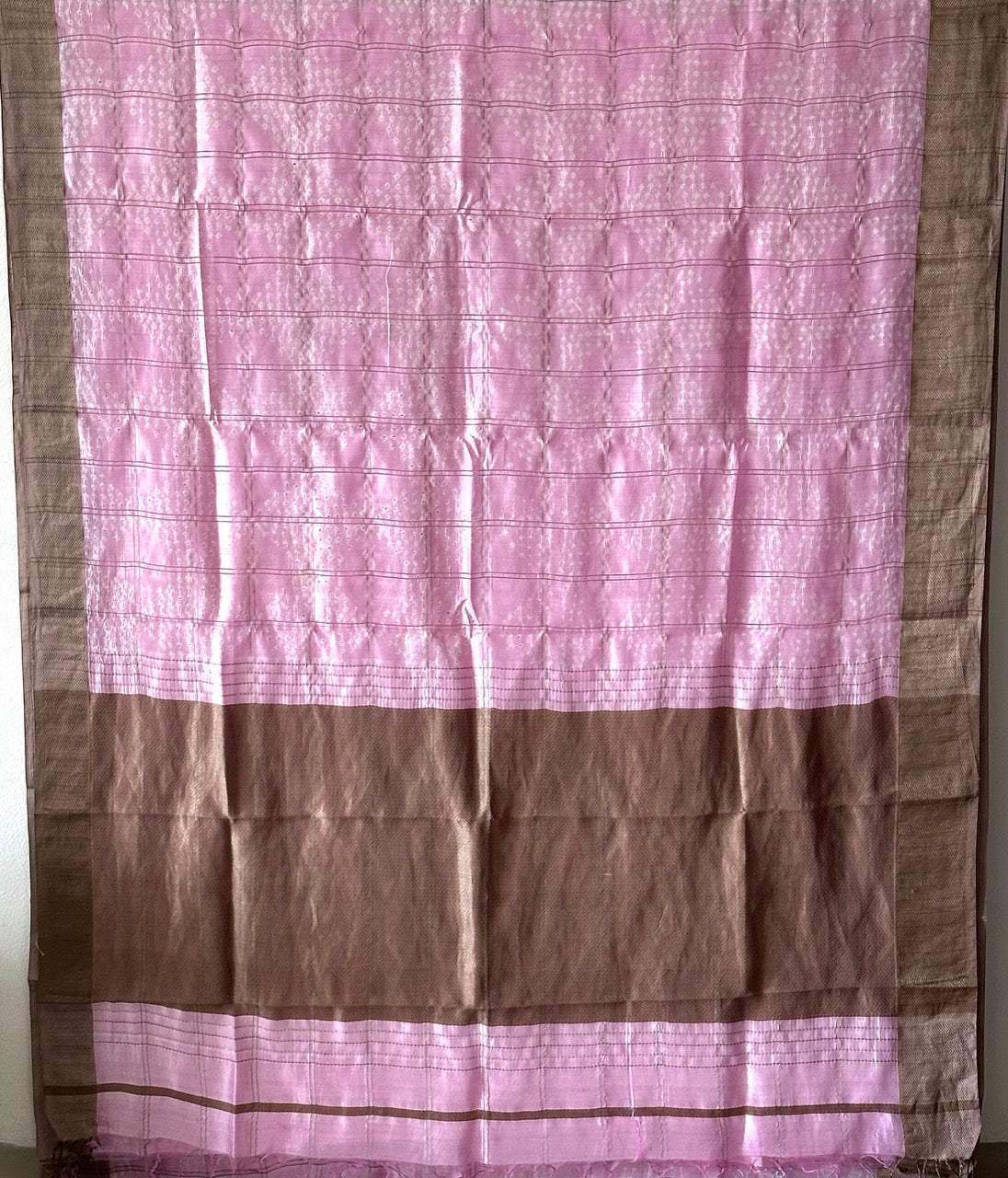 Rosewood Checks Chanderi Silk Bandhani Saree