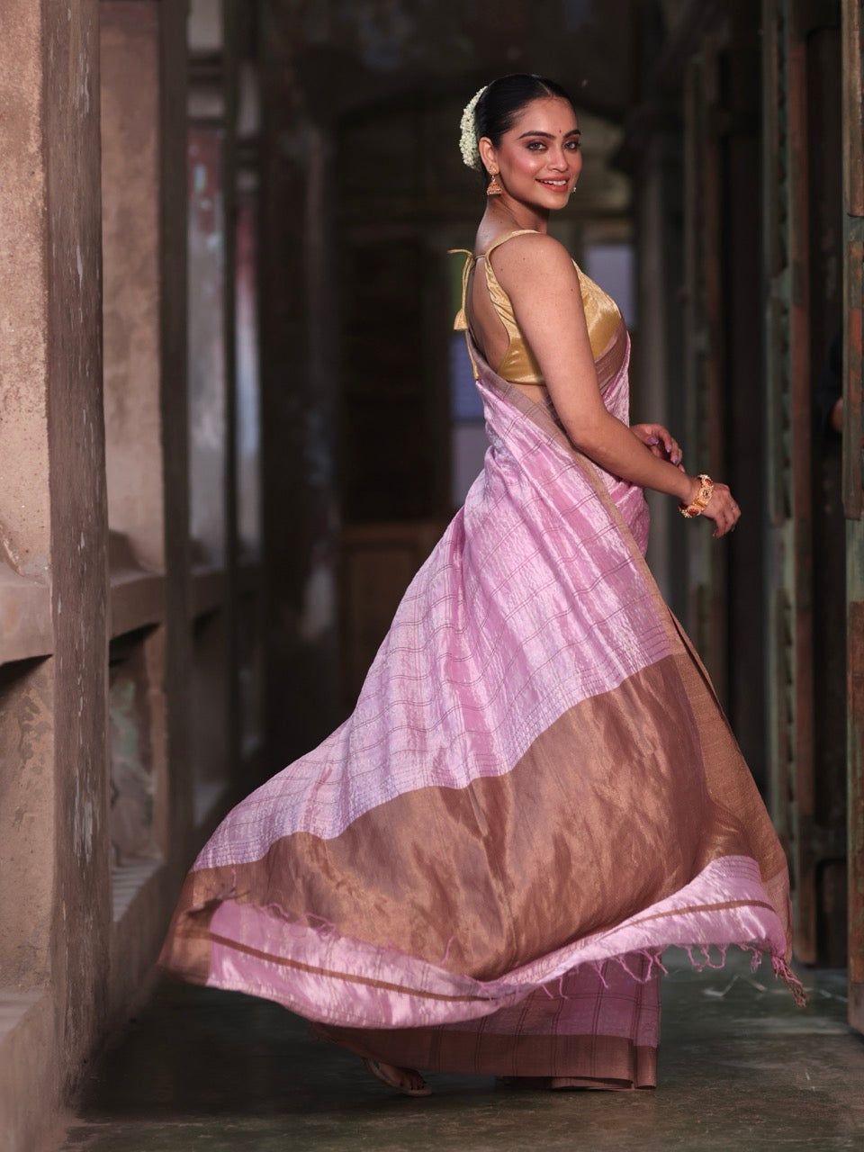 rosewood-checks-chanderi-silk-bandhani-saree