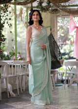 Light Sea Green Pure Banarsee Georgette Bandhani Saree with Machine Embroidery