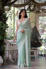Light Sea Green Pure Banarsee Georgette Bandhani Saree with Machine Embroidery