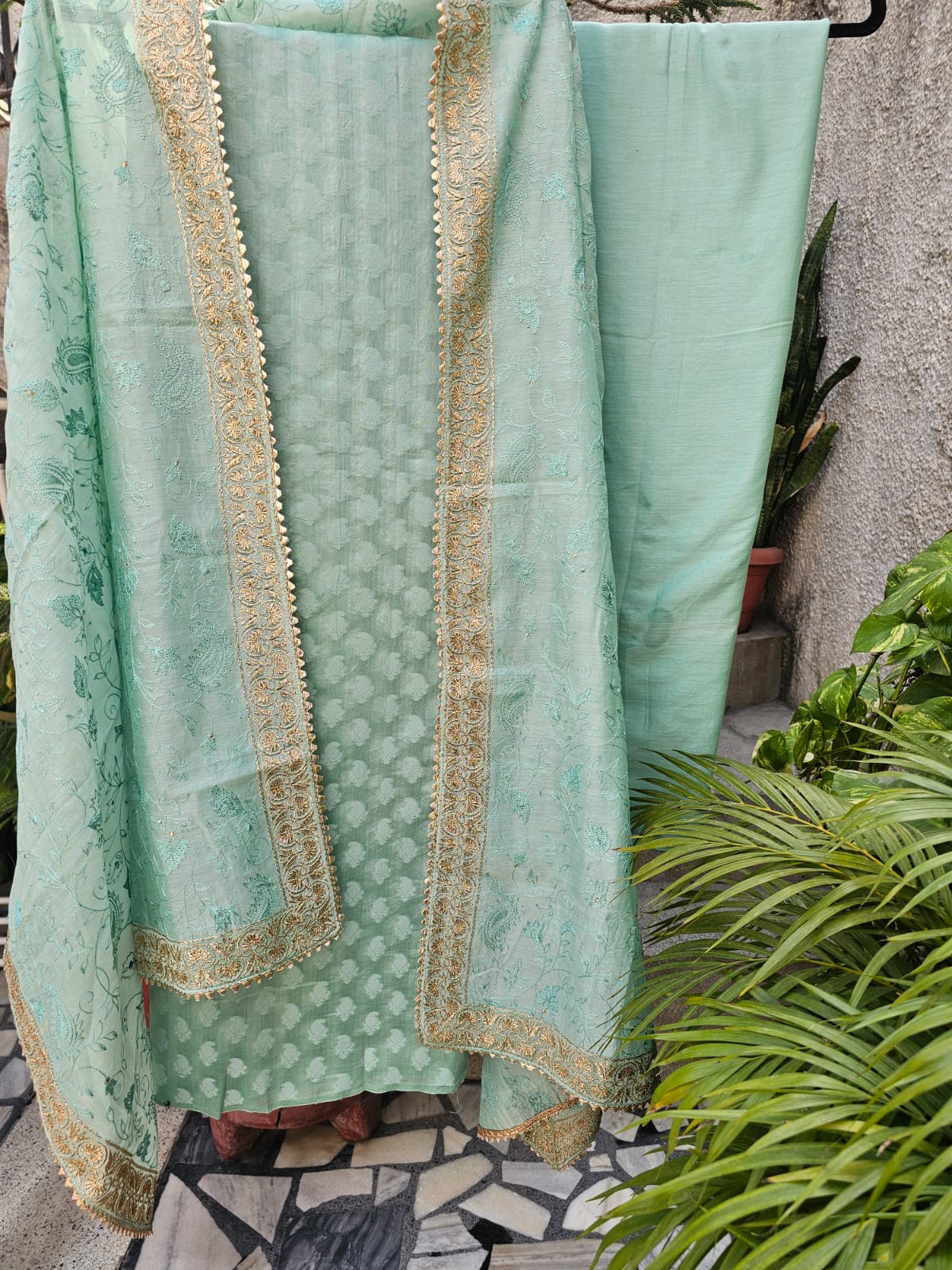 Sea Green Cotton Silk Three Piece Unstitched Suit Set