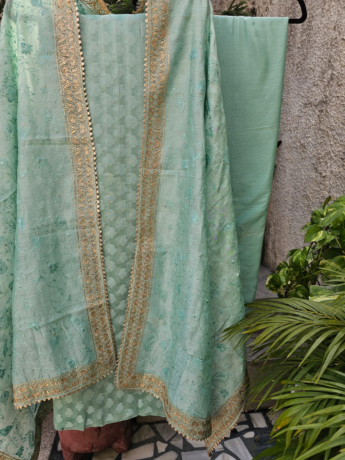 Sea Green Cotton Silk Three Piece Unstitched Suit Set