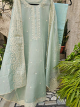 Sea Green 3 Piece Chanderi Mulmul Semi-stitched Suit Set