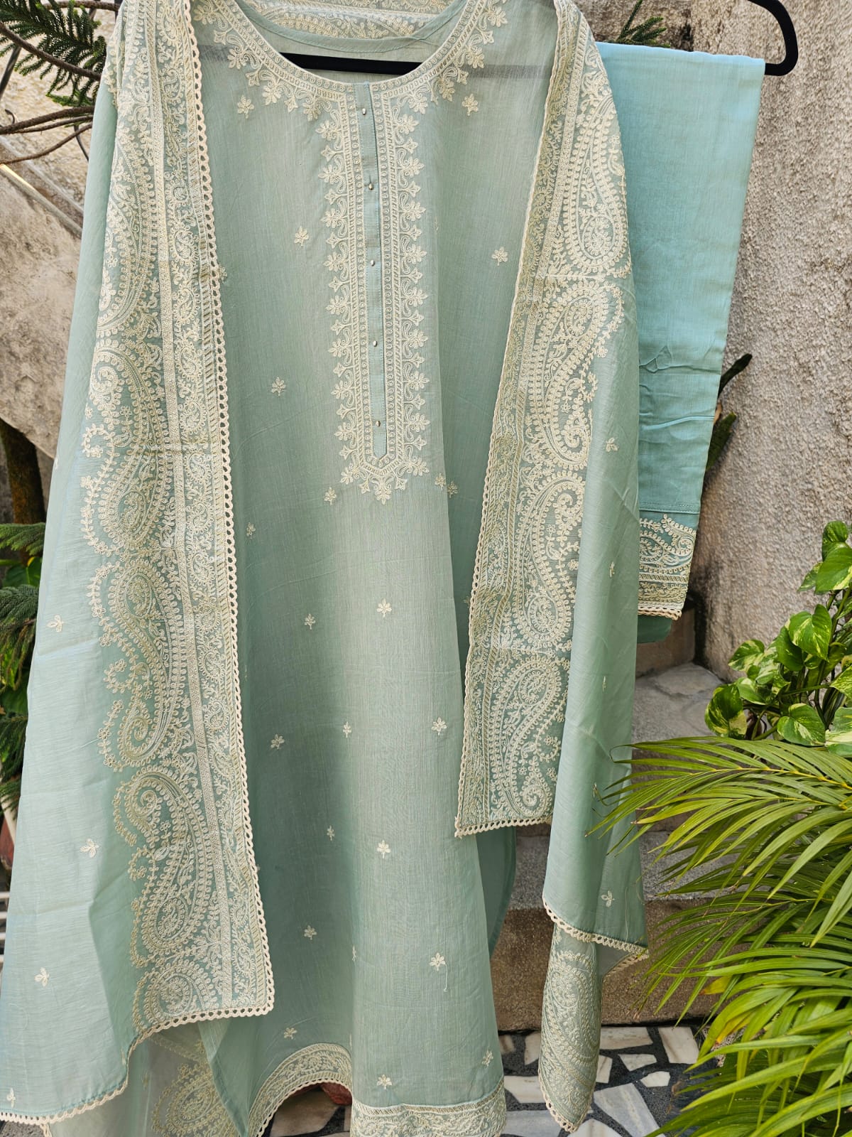 Sea Green 3 Piece Chanderi Mulmul Semi-stitched Suit Set