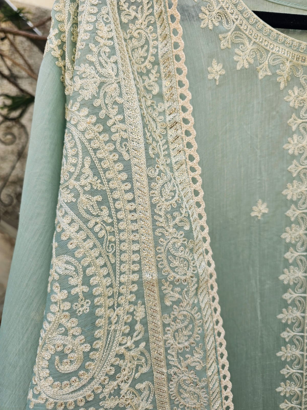 Sea Green 3 Piece Chanderi Mulmul Semi-stitched Suit Set