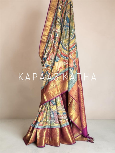 ram sita theme kanjivaram silk kalamkari saree