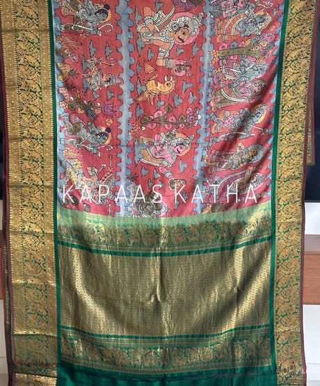 Handpainted Kalamkari Kanjivaram Silk Saree | Kapaas Katha