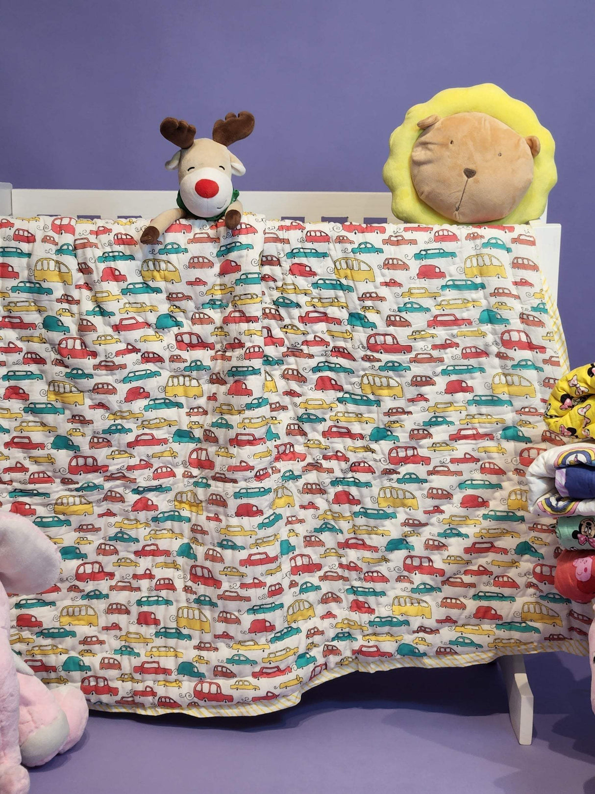 eco friendly kids quilt made in India with reversible car themed print perfect for return favors in UK and New Zealand