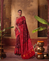 sophisticated-handloom-brown-and-red-mulberry-silk-ikat-patola-saree-with-animal-motifs